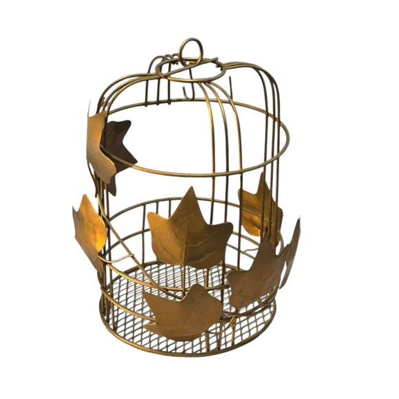 Gold Metal Birdcage With Decorative Leaf Accents For Home Decor Or Display - Picture 3 of 11